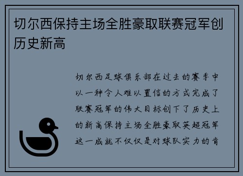 切尔西保持主场全胜豪取联赛冠军创历史新高